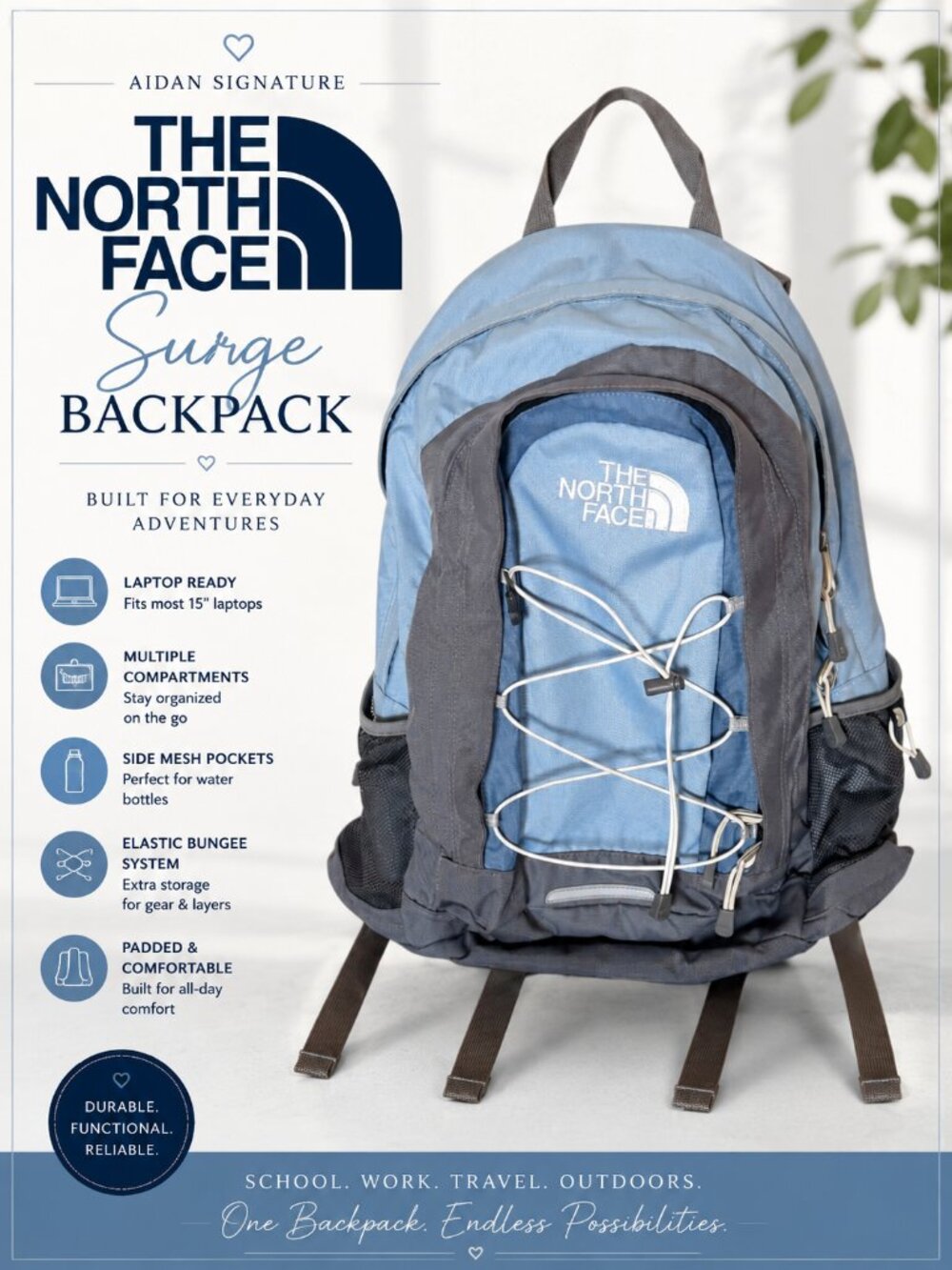 The North Face Surge Backpack Blue Gray Laptop School Travel Hiking Daypack